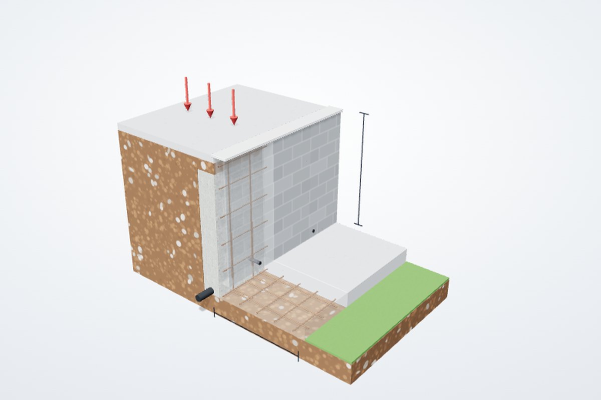 Cutaway render of a reinforced concrete block retaining wall with its base, bars, gravel drain and agricultural pipe