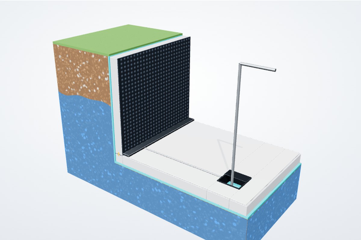 Cutaway render of a basement with a bonded membrane, water-resisting concrete and a drained cavity, ground water shown against the wall